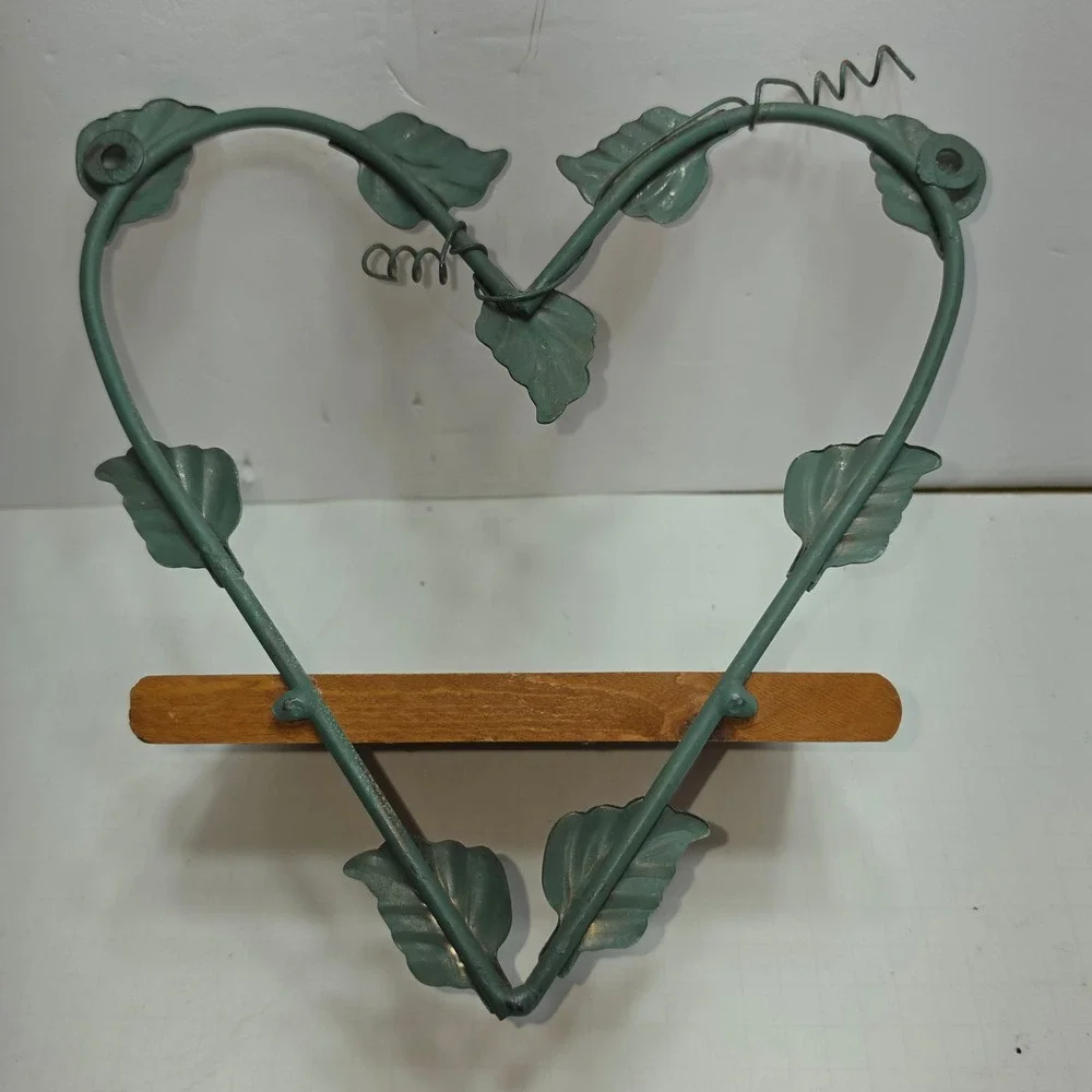 Vintage Heart Leaf Wall Shelf Verdigris Metal Copper Patina Wood Rustic Decor